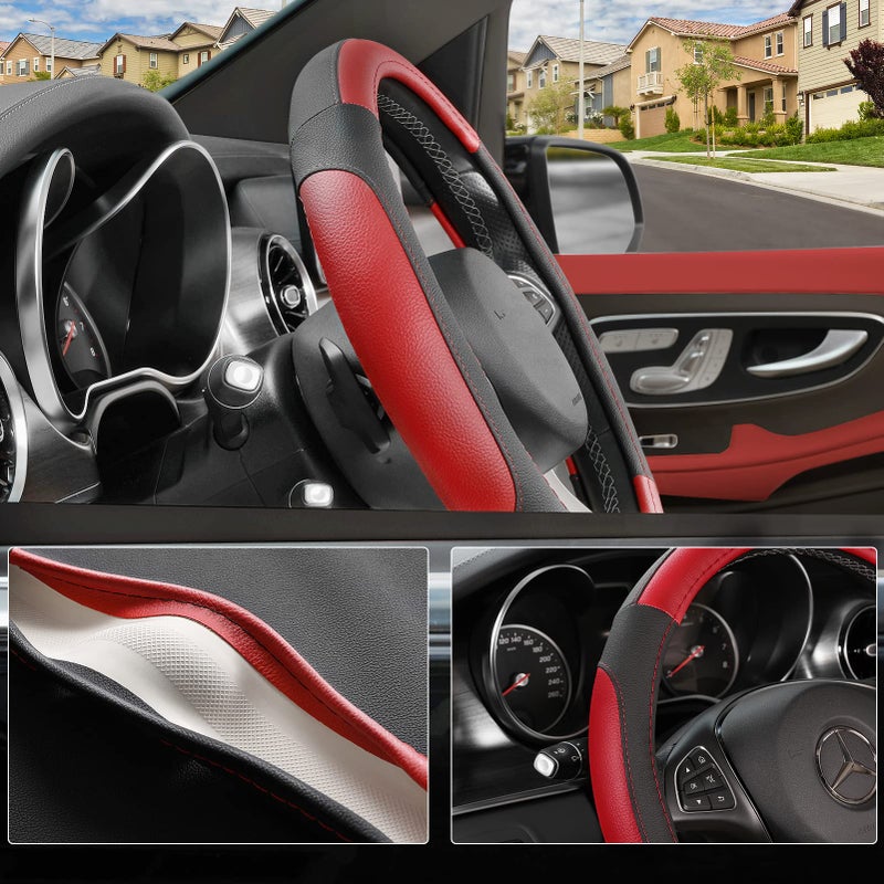 SEG Direct Car Steering Wheel Cover Universal Standard Size 14.5-15 inch, Black and Red Microfiber Leather - Image 3